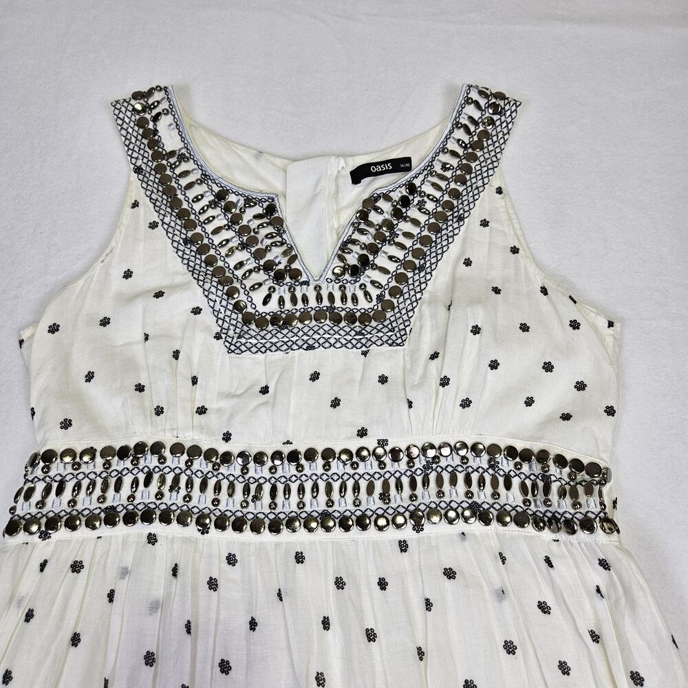 Oasis Maxi Dress 14 Embroidered White Black Beaded Embellished Floral Cotton - Picture 8 of 16
